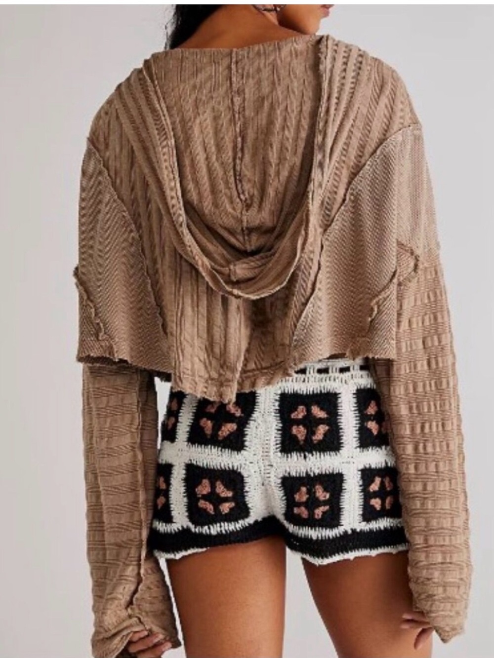 Free People We The Free Aries Hoodie Taupe Hooded Thermal Patchwork Cropped Top - Picture 3 of 11
